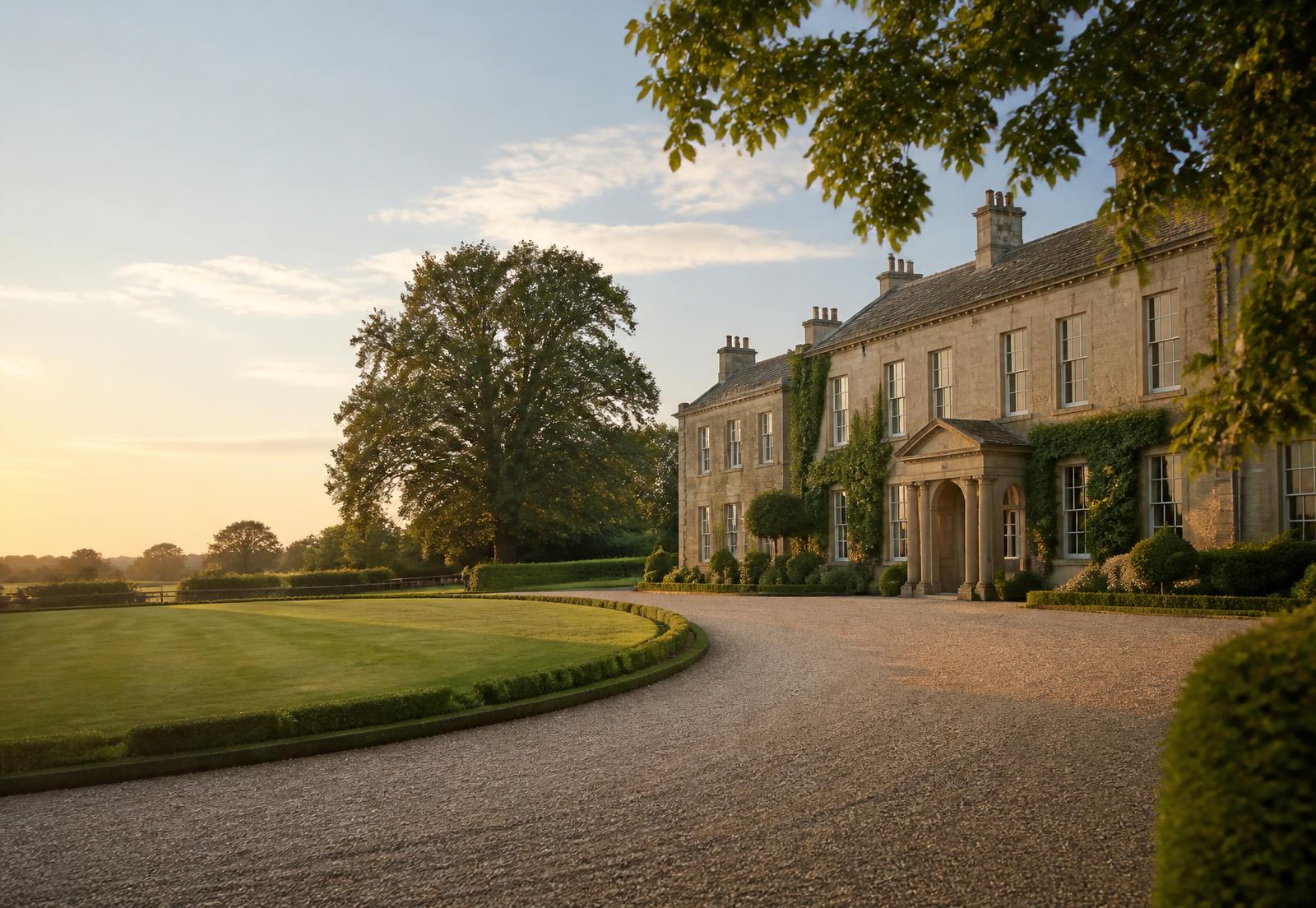 A stone English country house at first light, its gravel sweep edged with clipped lawn