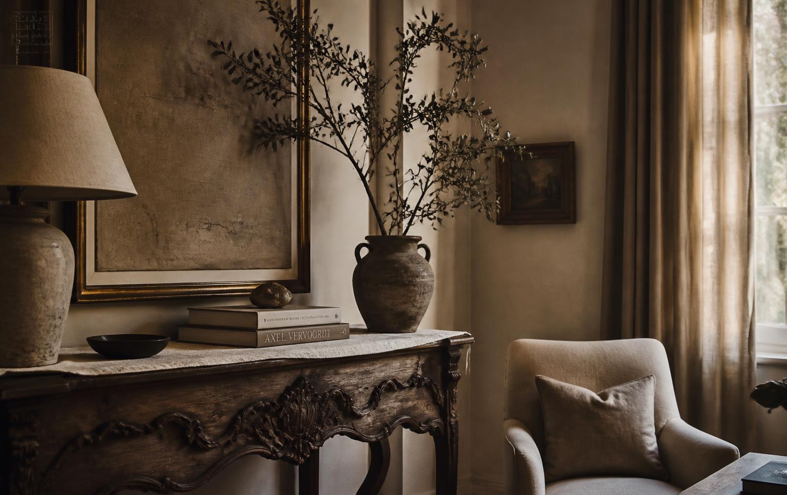 Warm, muted interior of a private residence with an antique console table and soft window light
