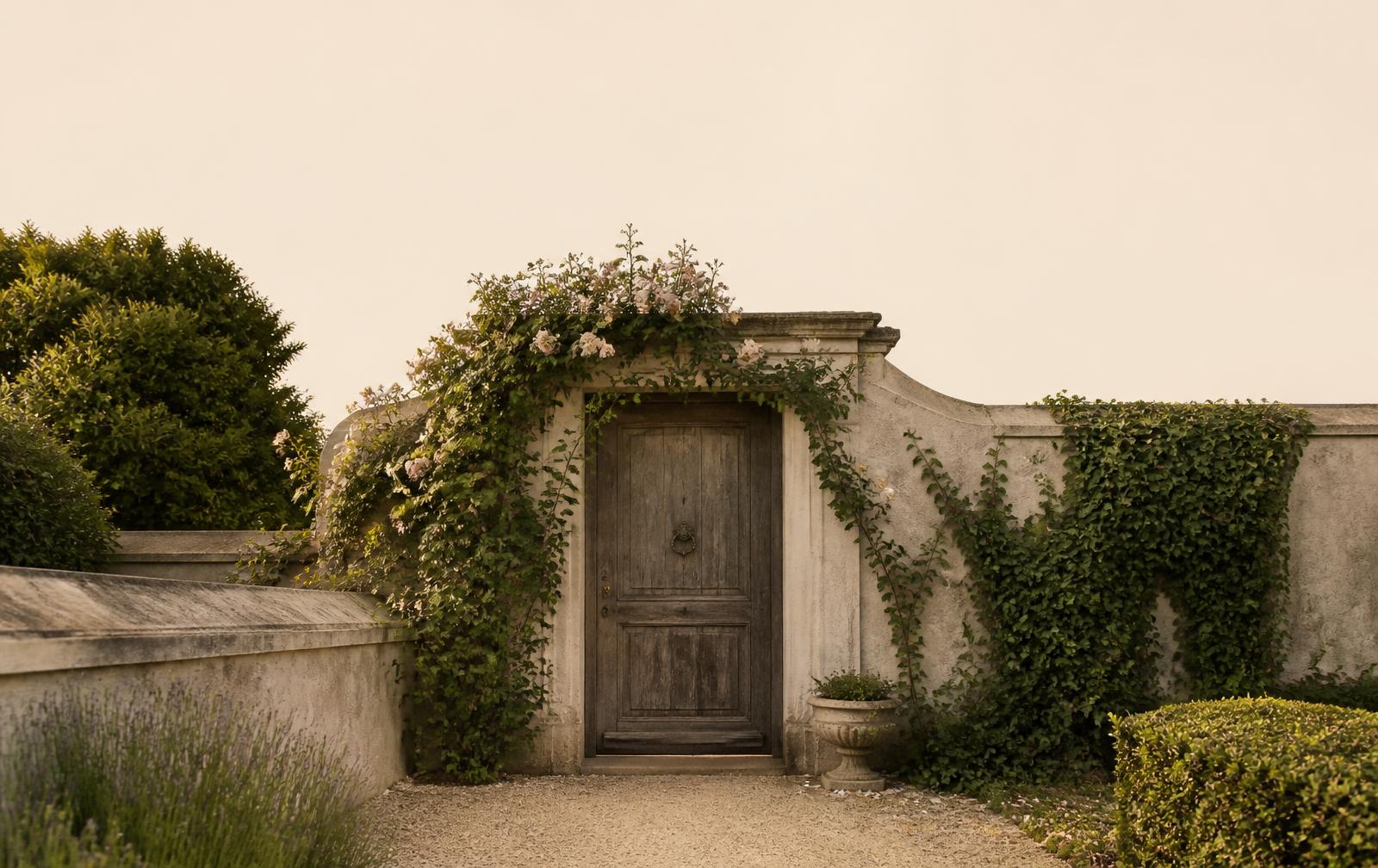 Open doorway of a country house looking onto a sunlit walled garden