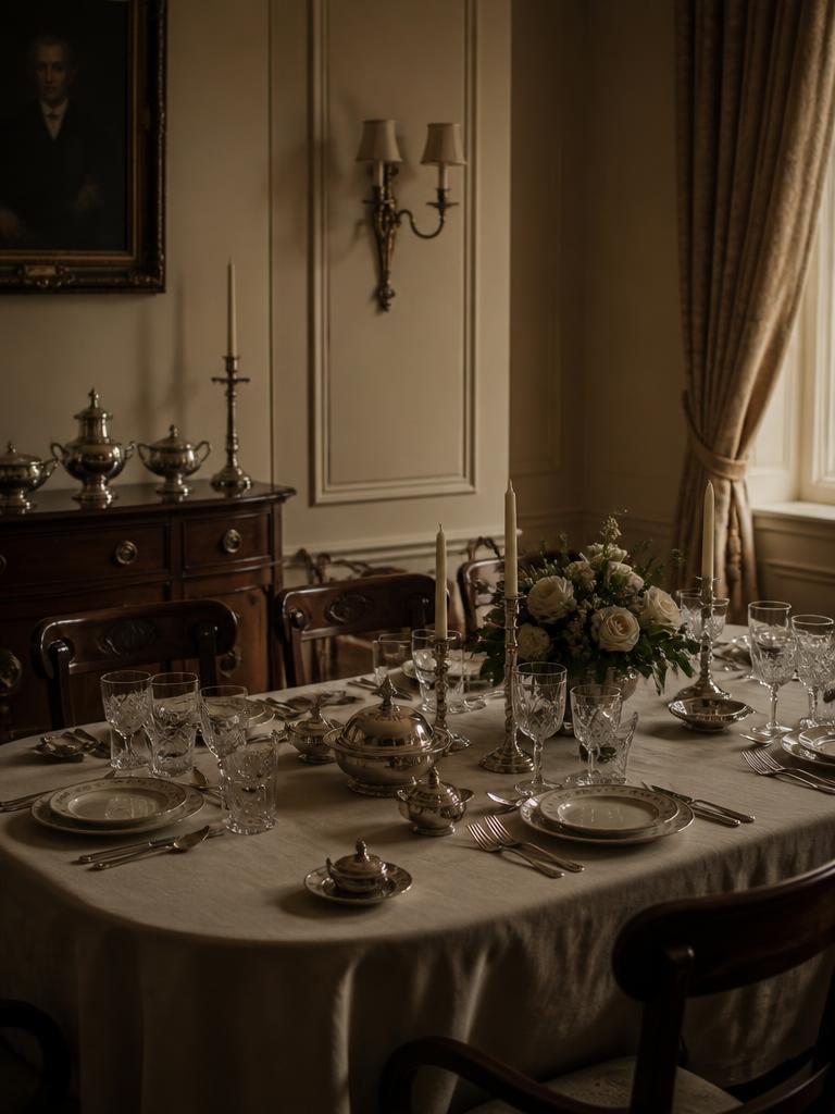 Silver service laid on a linen cloth beside crystal glassware in warm light
