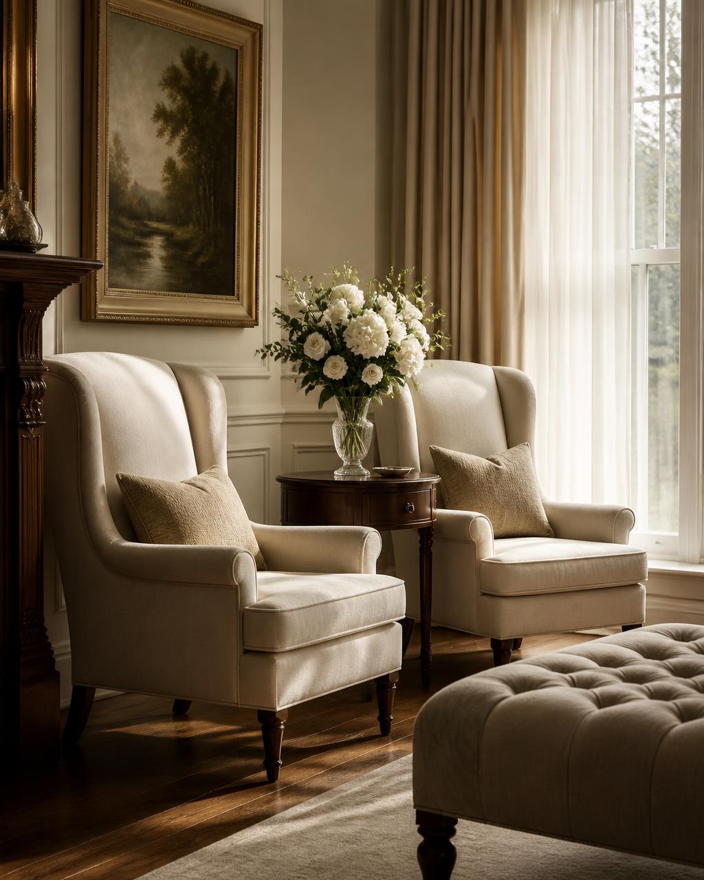Elegant residential drawing room with linen armchairs and white flowers in soft daylight
