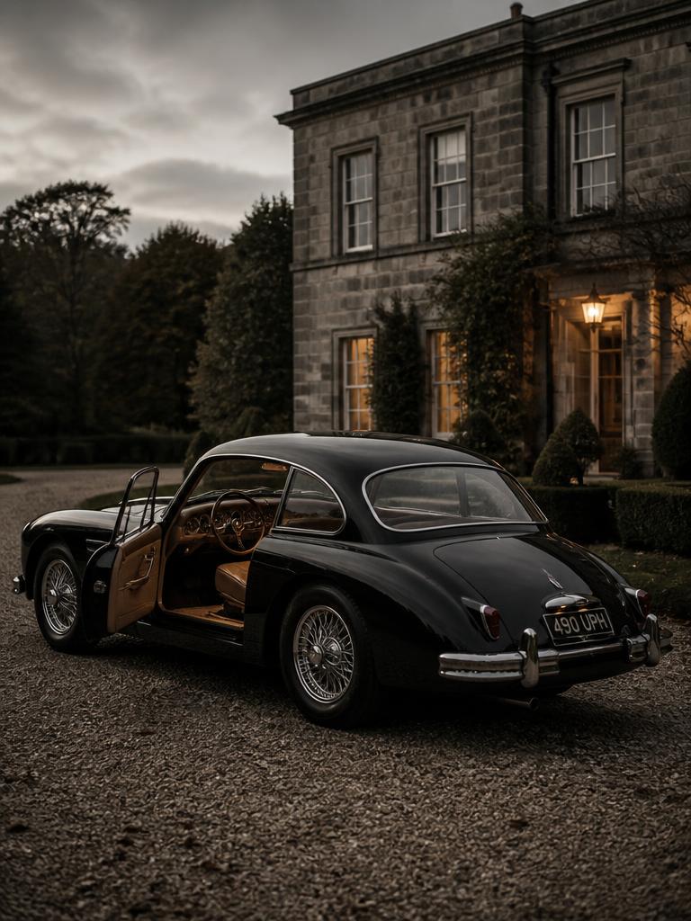 Classic car parked on gravel beside a stone entrance at dusk
