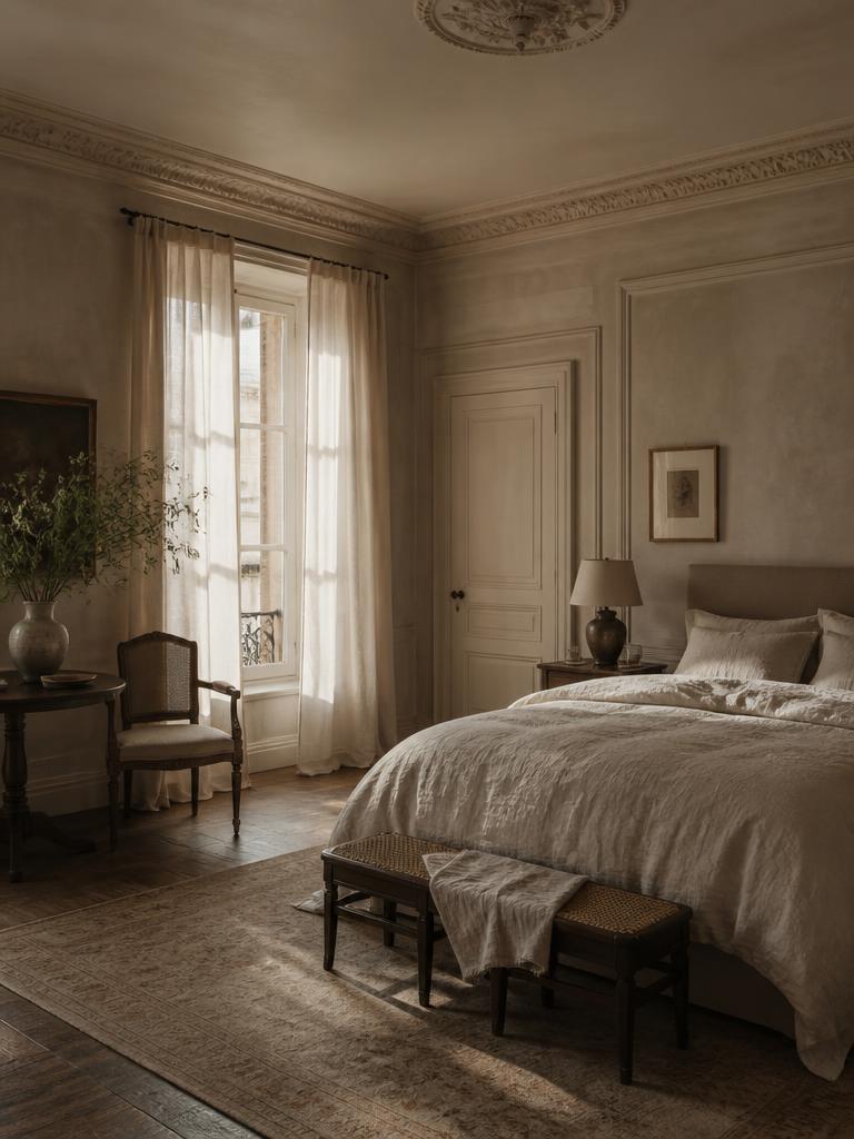 Warm ivory principal bedroom with linen bedding and soft afternoon light