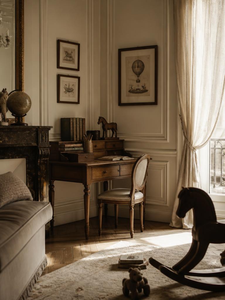 Antique writing desk and rocking horse in a warm panelled schoolroom
