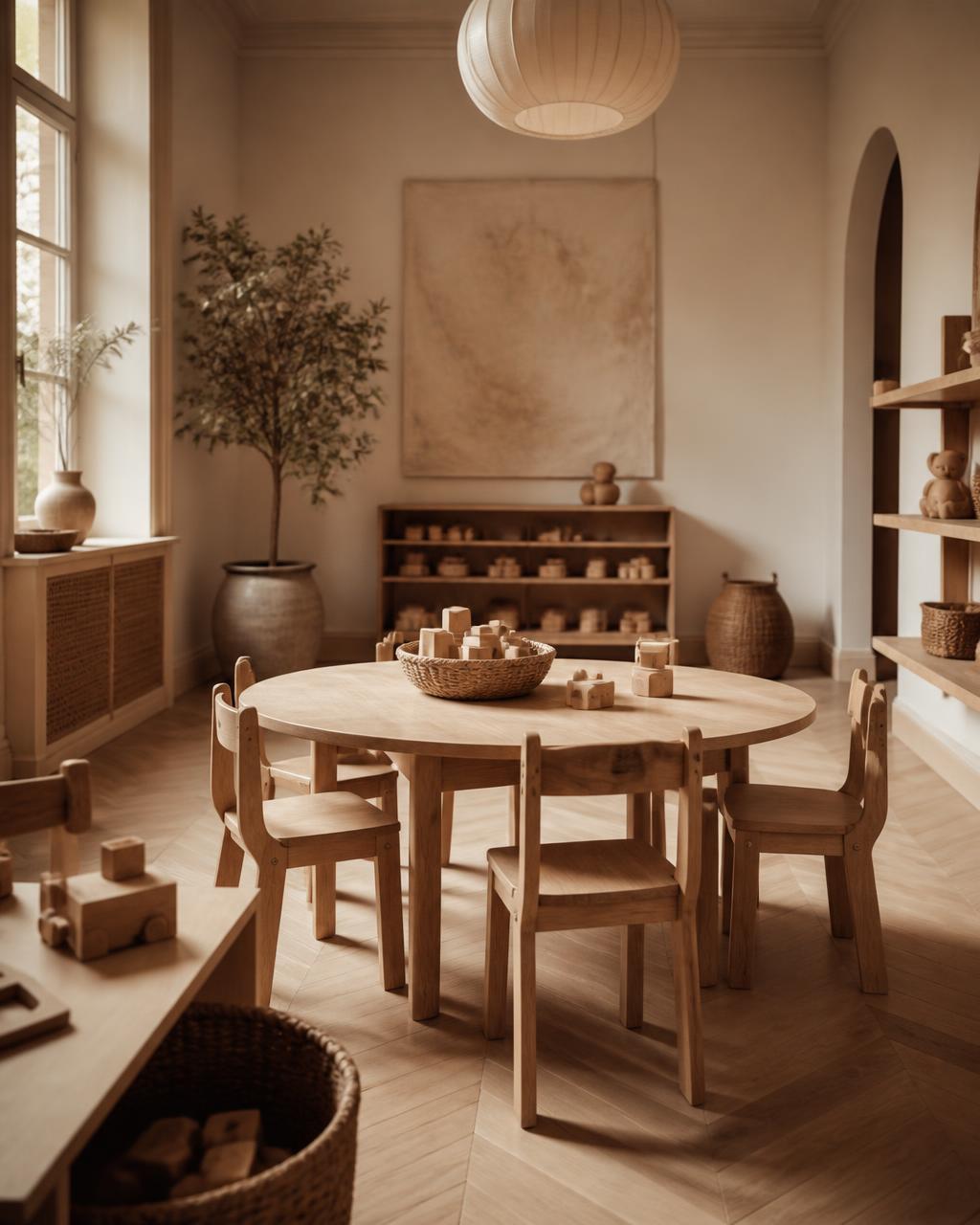 Calm nursery room with oak furniture, wooden toys and soft natural light