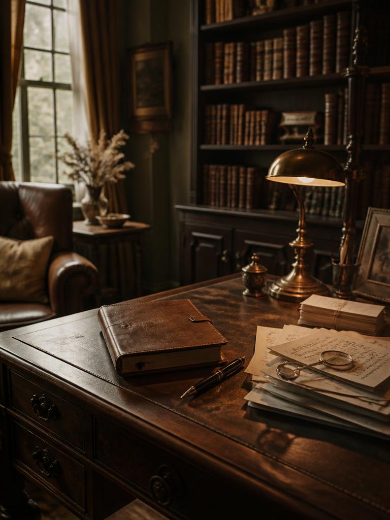 Fountain pen, leather diary and correspondence on a polished walnut desk