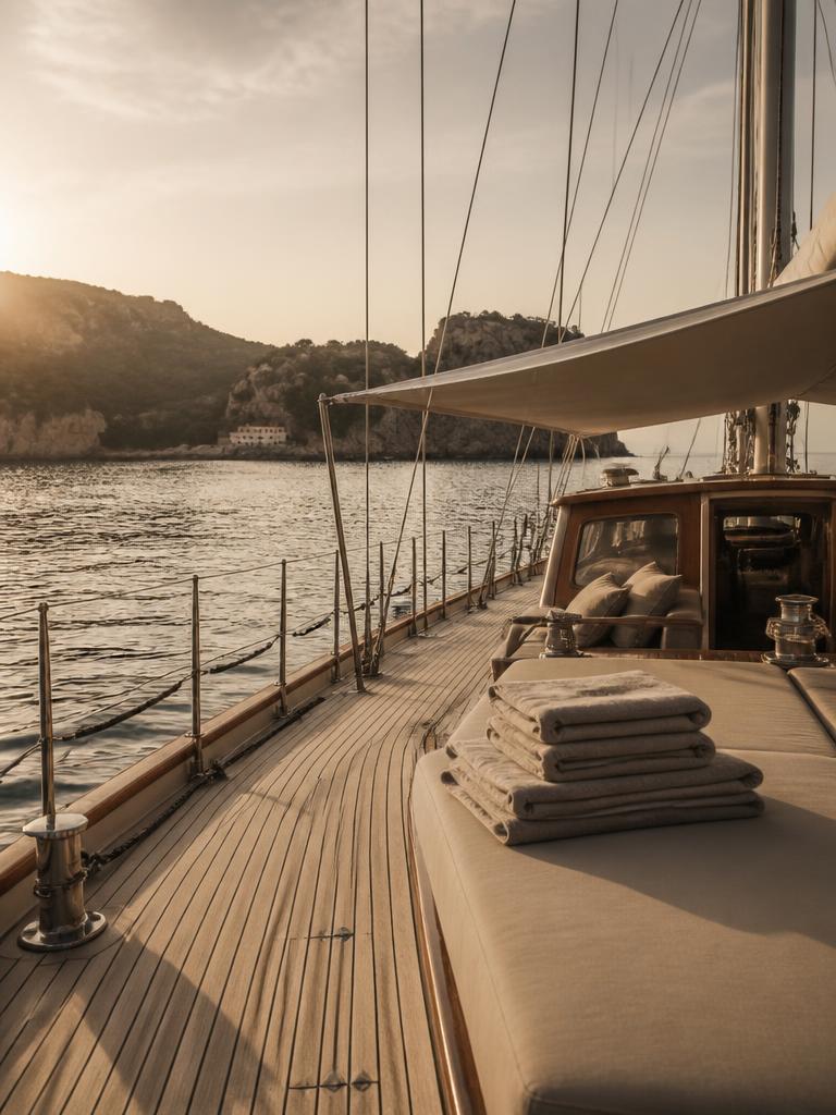 Sunlit teak deck and cream cushions aboard a private yacht at anchor